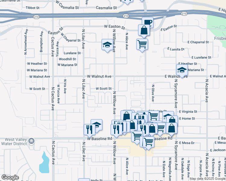 map of restaurants, bars, coffee shops, grocery stores, and more near 1482 North Willow Avenue in Rialto