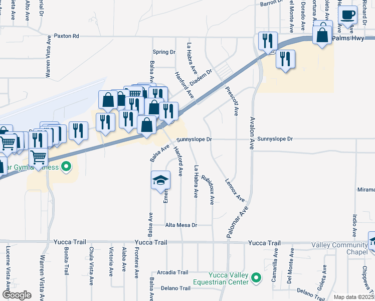map of restaurants, bars, coffee shops, grocery stores, and more near 6938 La Habra Avenue in Yucca Valley