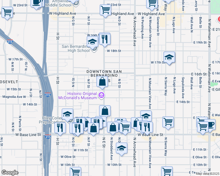map of restaurants, bars, coffee shops, grocery stores, and more near 464 Magnolia Avenue in San Bernardino