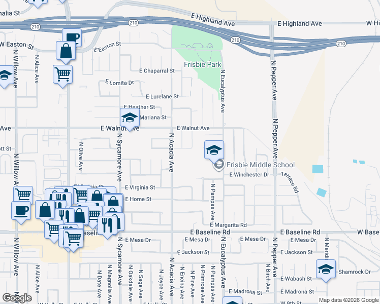 map of restaurants, bars, coffee shops, grocery stores, and more near 571 East Scott Street in Rialto