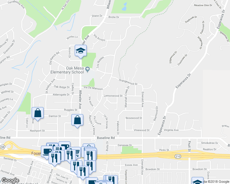 map of restaurants, bars, coffee shops, grocery stores, and more near 4917 Eldorado Drive in La Verne