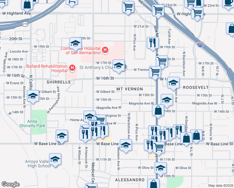 map of restaurants, bars, coffee shops, grocery stores, and more near 1517 West Gilbert Street in San Bernardino
