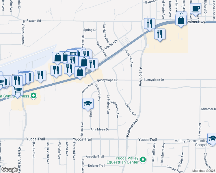 map of restaurants, bars, coffee shops, grocery stores, and more near 6941 La Habra Avenue in Yucca Valley