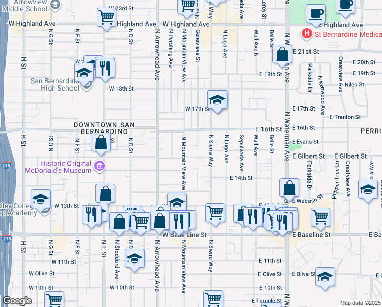 map of restaurants, bars, coffee shops, grocery stores, and more near 180 Magnolia Avenue in San Bernardino