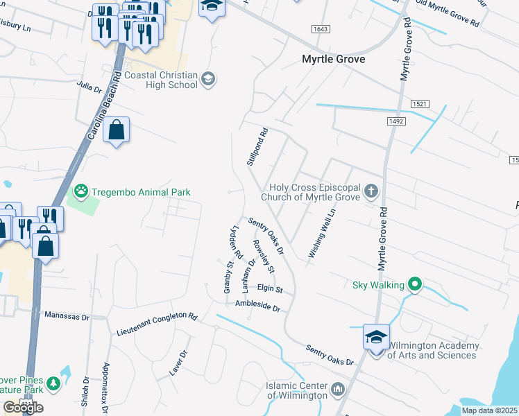 map of restaurants, bars, coffee shops, grocery stores, and more near 6101 Sentry Oaks Drive in Wilmington