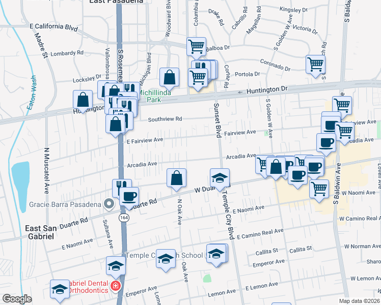 map of restaurants, bars, coffee shops, grocery stores, and more near 1157 Arcadia Avenue in Arcadia
