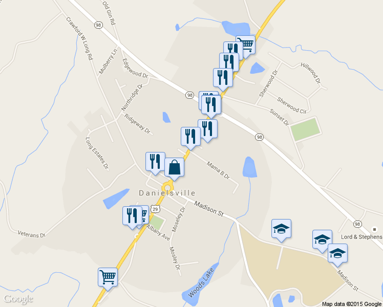 map of restaurants, bars, coffee shops, grocery stores, and more near 32 Mama B Drive in Danielsville