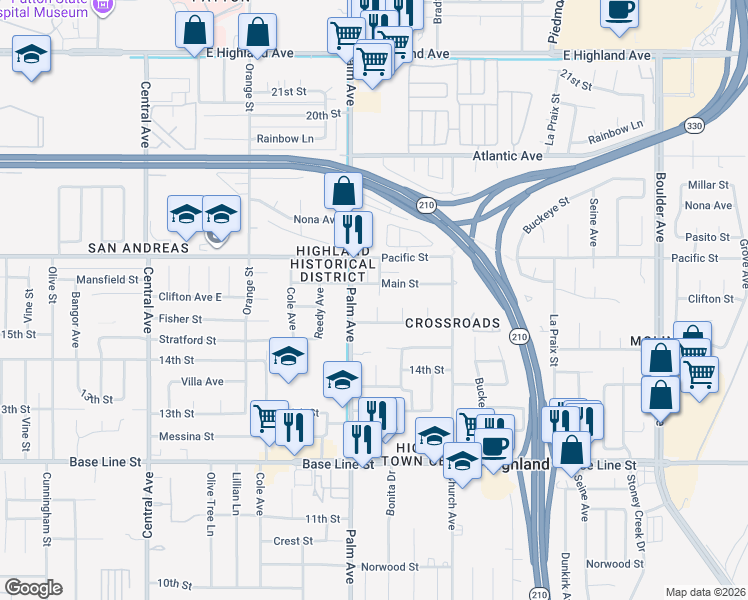 map of restaurants, bars, coffee shops, grocery stores, and more near 6984 Center Street in Highland