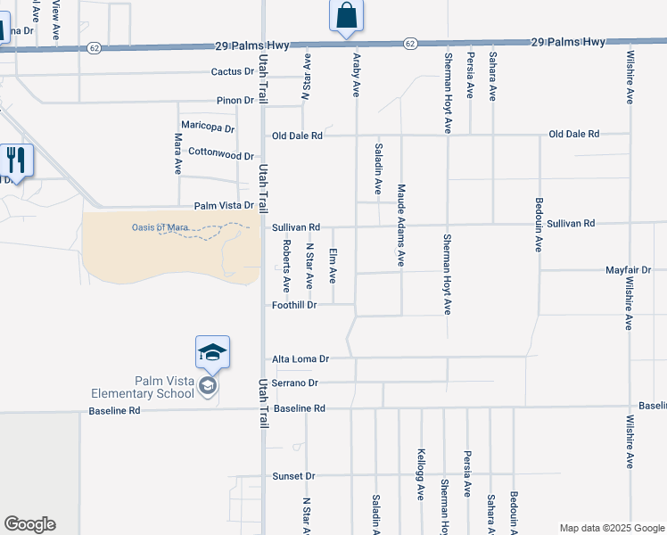 map of restaurants, bars, coffee shops, grocery stores, and more near 7013 North Star Avenue in Twentynine Palms