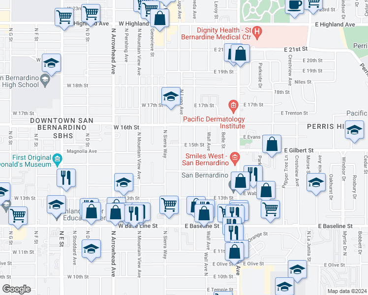 map of restaurants, bars, coffee shops, grocery stores, and more near 1455 North Lugo Avenue in San Bernardino