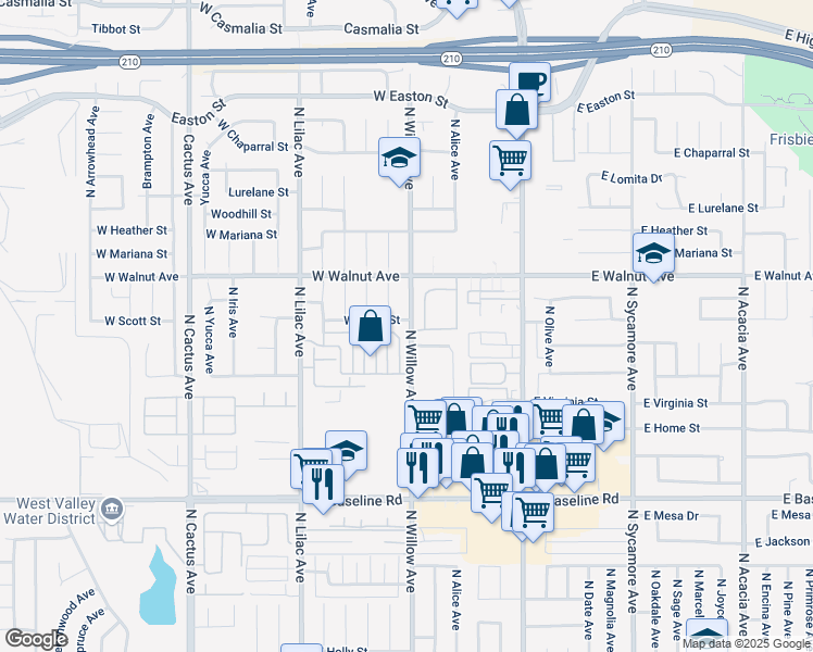 map of restaurants, bars, coffee shops, grocery stores, and more near 1482 North Willow Avenue in Rialto