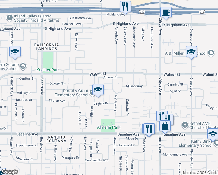 map of restaurants, bars, coffee shops, grocery stores, and more near 7002 Almeria Avenue in Fontana