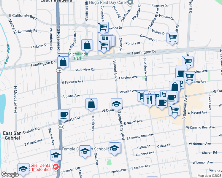 map of restaurants, bars, coffee shops, grocery stores, and more near 1100 Arcadia Avenue in Arcadia