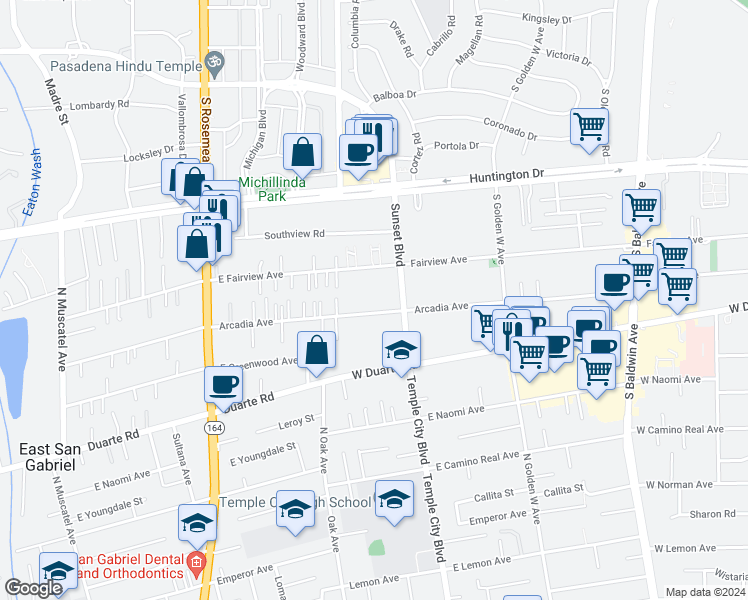 map of restaurants, bars, coffee shops, grocery stores, and more near 1145 Arcadia Avenue in Arcadia