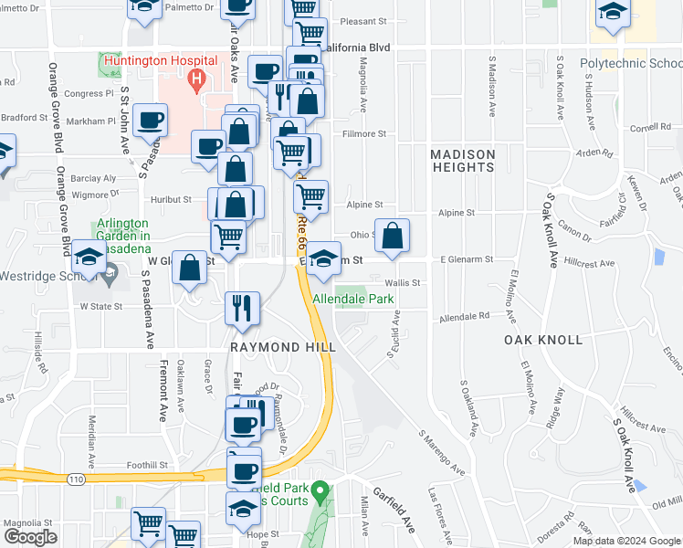map of restaurants, bars, coffee shops, grocery stores, and more near 1201 South Marengo Avenue in Pasadena