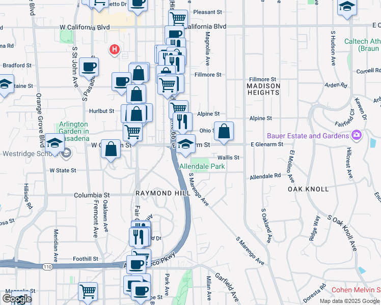 map of restaurants, bars, coffee shops, grocery stores, and more near 1201 South Marengo Avenue in Pasadena