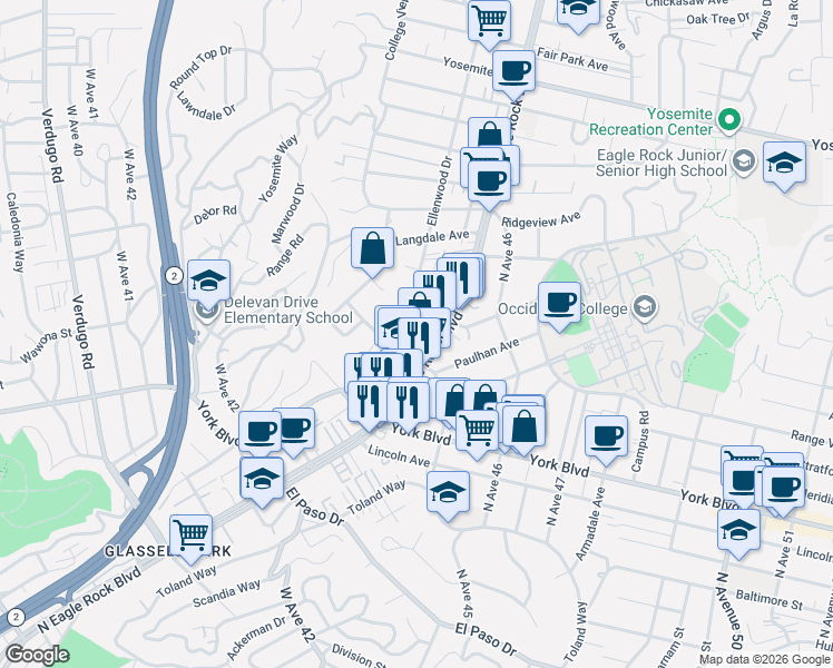 map of restaurants, bars, coffee shops, grocery stores, and more near 1610 North Avenue 45 in Los Angeles