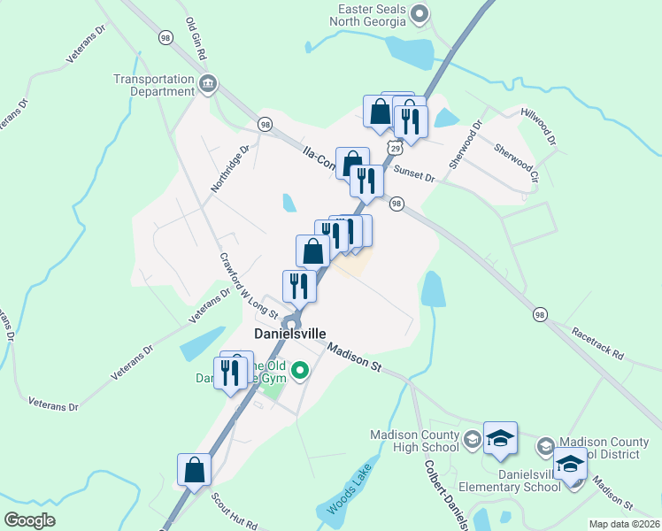 map of restaurants, bars, coffee shops, grocery stores, and more near 8 Mama B Drive in Danielsville