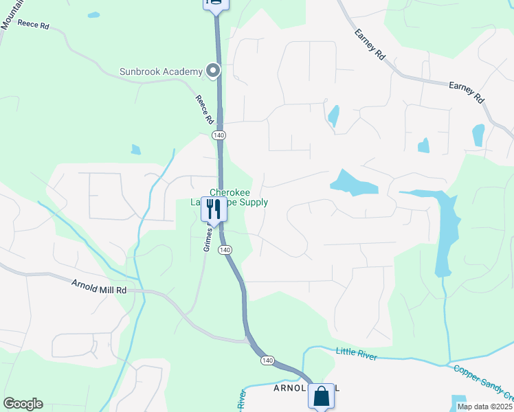 map of restaurants, bars, coffee shops, grocery stores, and more near 507 Falls Way in Woodstock