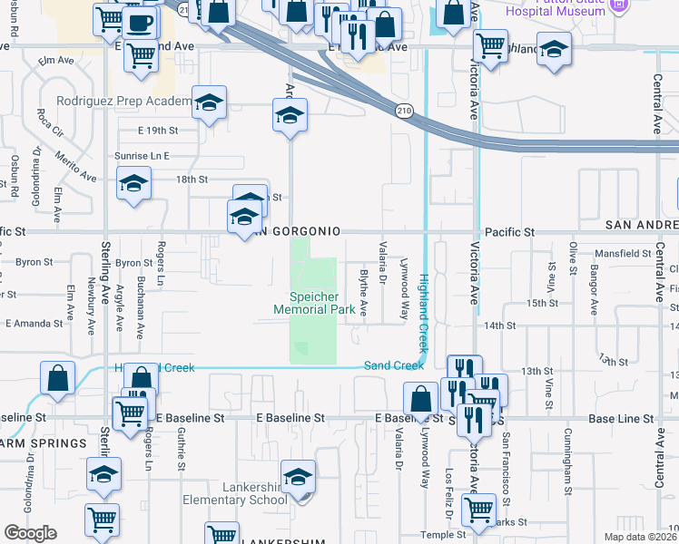 map of restaurants, bars, coffee shops, grocery stores, and more near 1516 Eucalyptus Drive in Highland