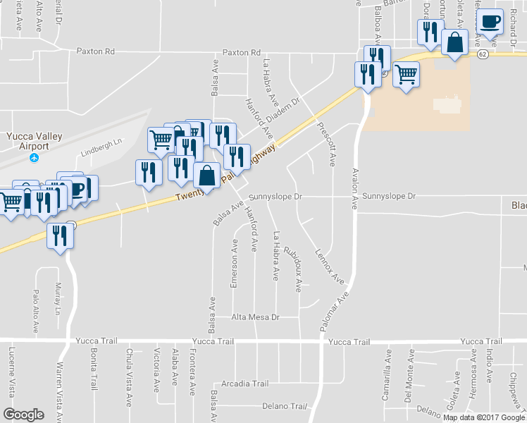 map of restaurants, bars, coffee shops, grocery stores, and more near 6938 La Habra Avenue in Yucca Valley