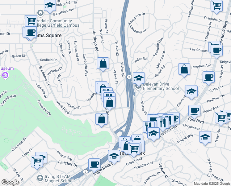 map of restaurants, bars, coffee shops, grocery stores, and more near 4161 West Avenue 41 in Los Angeles