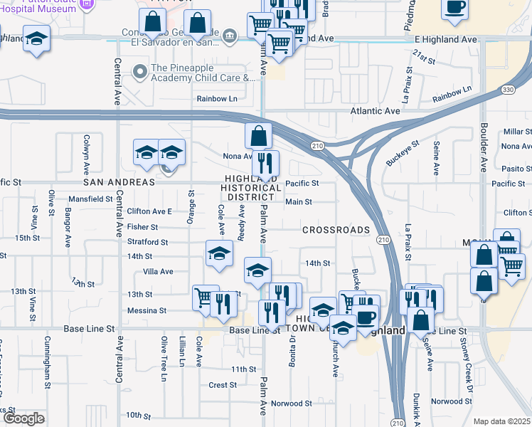 map of restaurants, bars, coffee shops, grocery stores, and more near 6979 Palm Avenue in Highland
