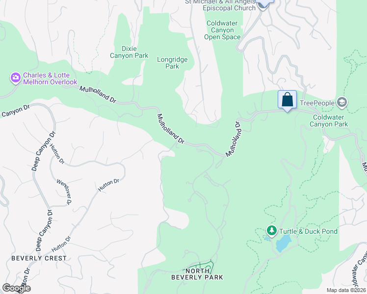 map of restaurants, bars, coffee shops, grocery stores, and more near 13150 Mulholland Drive in Beverly Hills