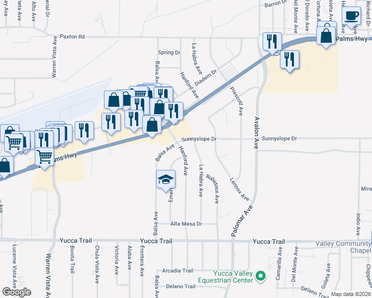 map of restaurants, bars, coffee shops, grocery stores, and more near 6941 Hanford Avenue in Yucca Valley