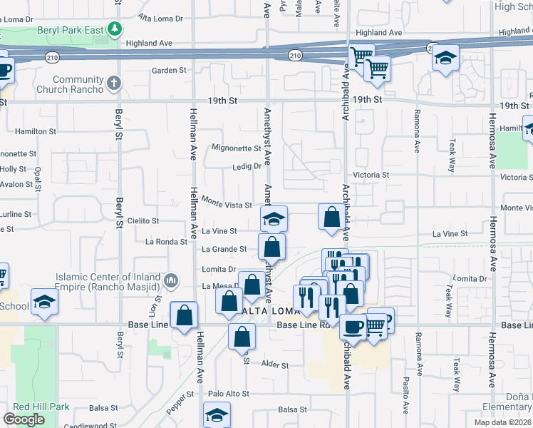 map of restaurants, bars, coffee shops, grocery stores, and more near 7004 Amethyst Avenue in Rancho Cucamonga