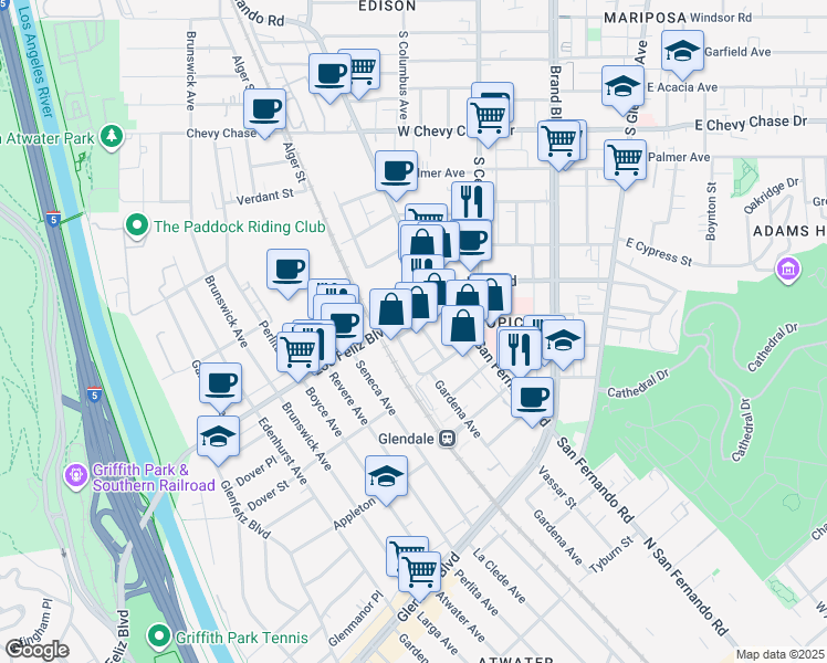 map of restaurants, bars, coffee shops, grocery stores, and more near 1505 Gardena Avenue in Glendale