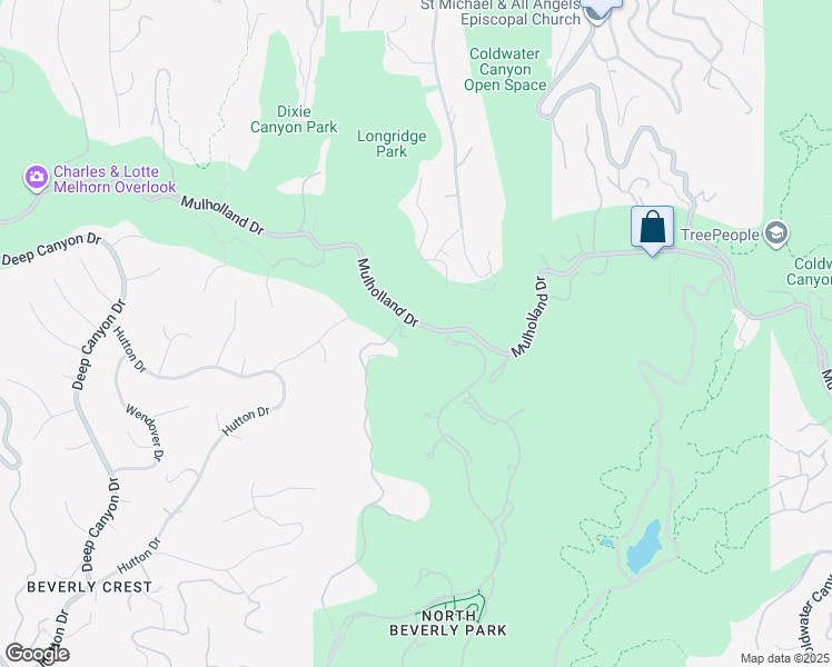 map of restaurants, bars, coffee shops, grocery stores, and more near 13150 Mulholland Drive in Beverly Hills