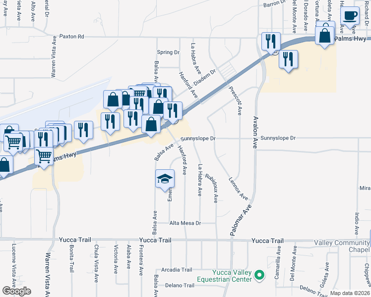 map of restaurants, bars, coffee shops, grocery stores, and more near 6941 Hanford Avenue in Yucca Valley