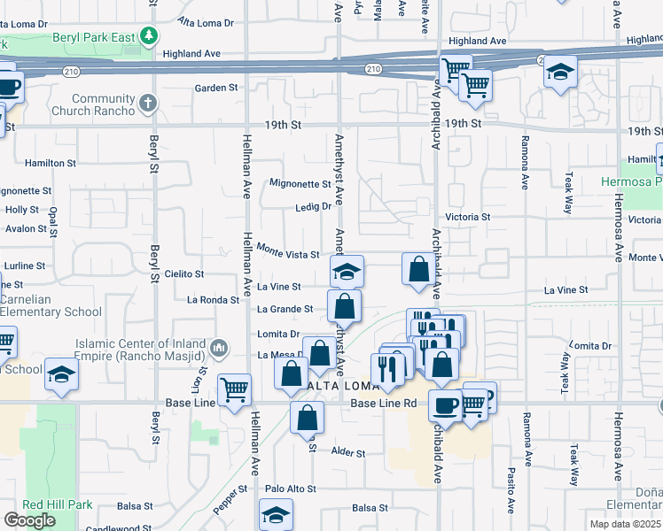 map of restaurants, bars, coffee shops, grocery stores, and more near 7004 Amethyst Avenue in Rancho Cucamonga