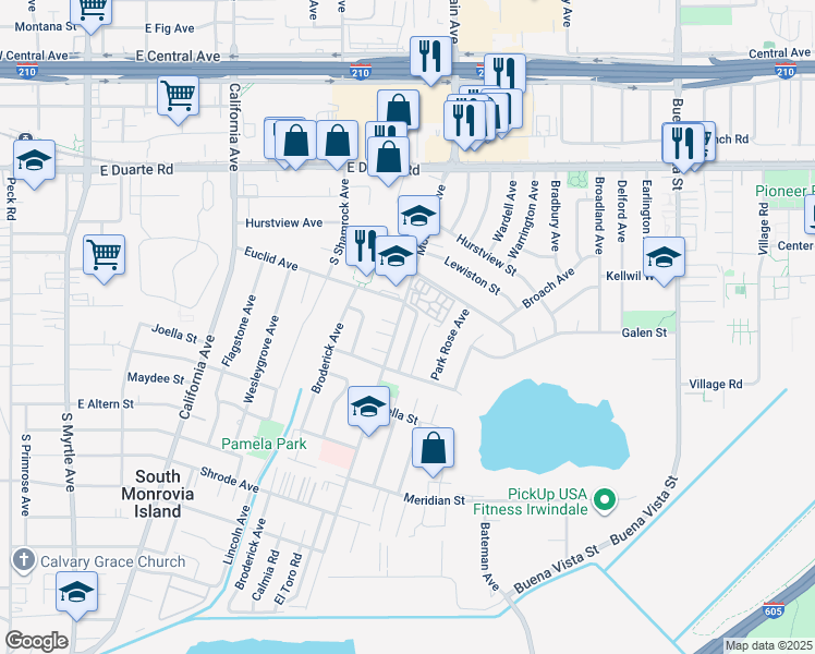 map of restaurants, bars, coffee shops, grocery stores, and more near 2024 Mountain Avenue in Duarte