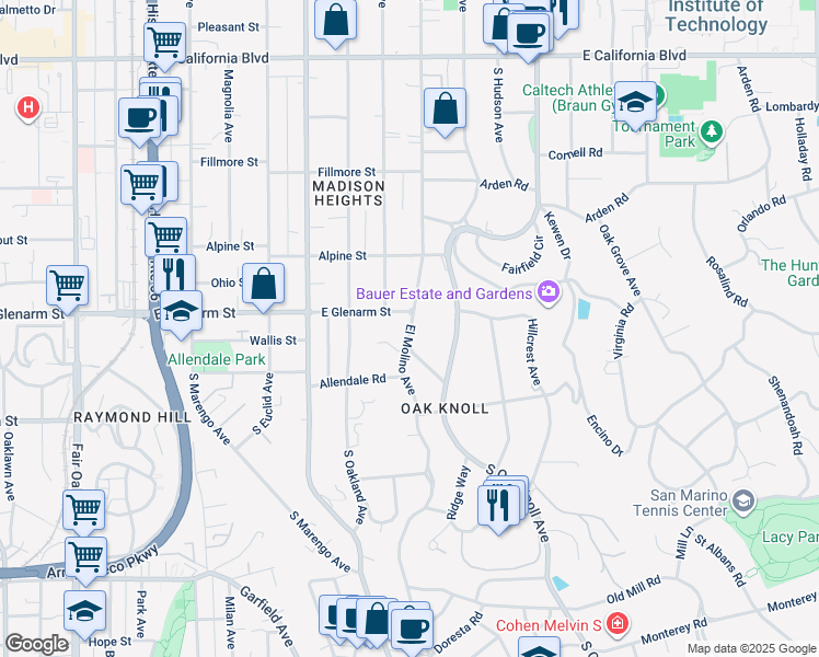 map of restaurants, bars, coffee shops, grocery stores, and more near South El Molino Avenue in Pasadena