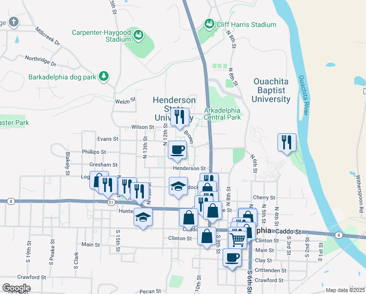 map of restaurants, bars, coffee shops, grocery stores, and more near in Arkadelphia