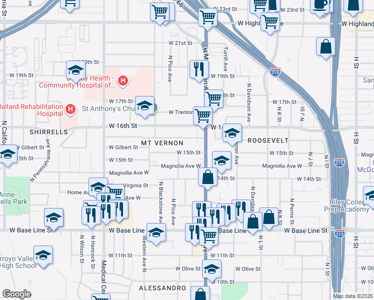 map of restaurants, bars, coffee shops, grocery stores, and more near 1341 West 15th Street in San Bernardino