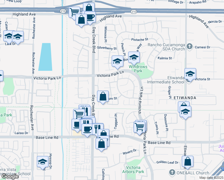 map of restaurants, bars, coffee shops, grocery stores, and more near 6989 Basswood Place in Rancho Cucamonga