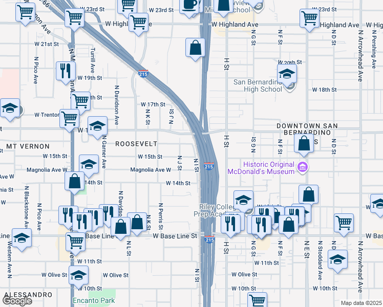 map of restaurants, bars, coffee shops, grocery stores, and more near 932 West 15th Street in San Bernardino