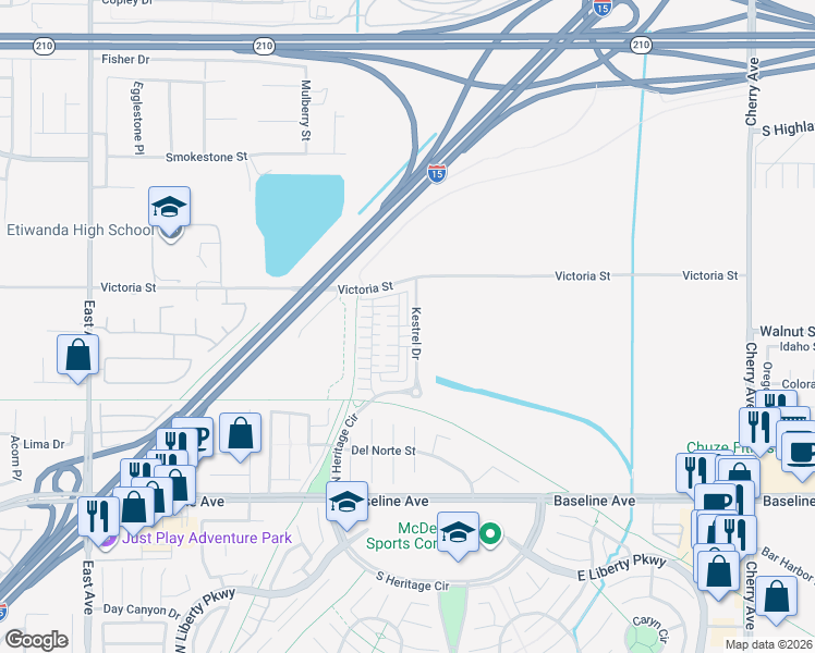 map of restaurants, bars, coffee shops, grocery stores, and more near Bell Way in Fontana