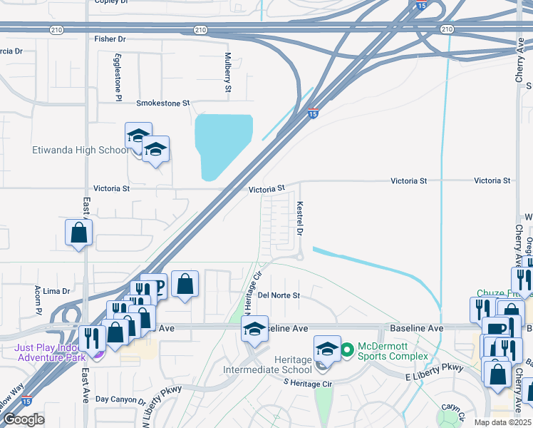 map of restaurants, bars, coffee shops, grocery stores, and more near 6974 Mallow Drive in Fontana