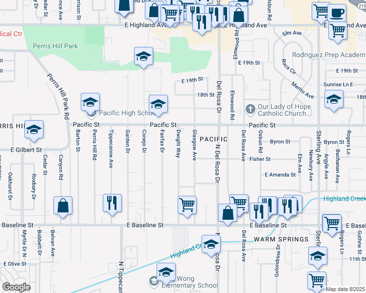 map of restaurants, bars, coffee shops, grocery stores, and more near 6983 Dwight Way in San Bernardino