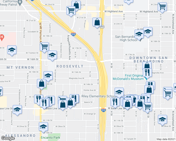 map of restaurants, bars, coffee shops, grocery stores, and more near 994 West 15th Street in San Bernardino
