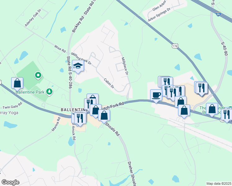map of restaurants, bars, coffee shops, grocery stores, and more near 231 Cabin Drive in Irmo