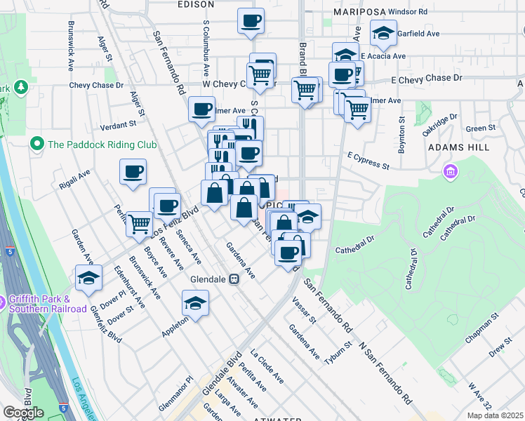 map of restaurants, bars, coffee shops, grocery stores, and more near 222 West Eulalia Street in Glendale