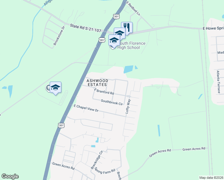 map of restaurants, bars, coffee shops, grocery stores, and more near 3440 Shadow Birch Road in Florence