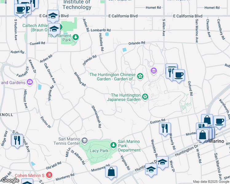 map of restaurants, bars, coffee shops, grocery stores, and more near 1660 Oak Grove Avenue in San Marino