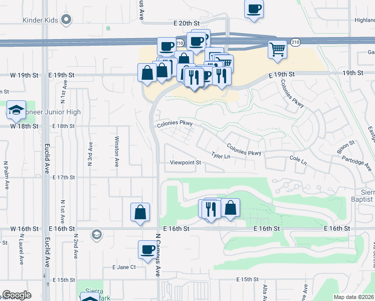 map of restaurants, bars, coffee shops, grocery stores, and more near 922 Falcon View Street in Upland