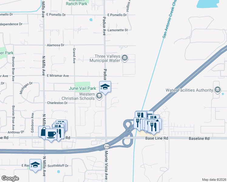 map of restaurants, bars, coffee shops, grocery stores, and more near 3131 Montana Lane in Claremont